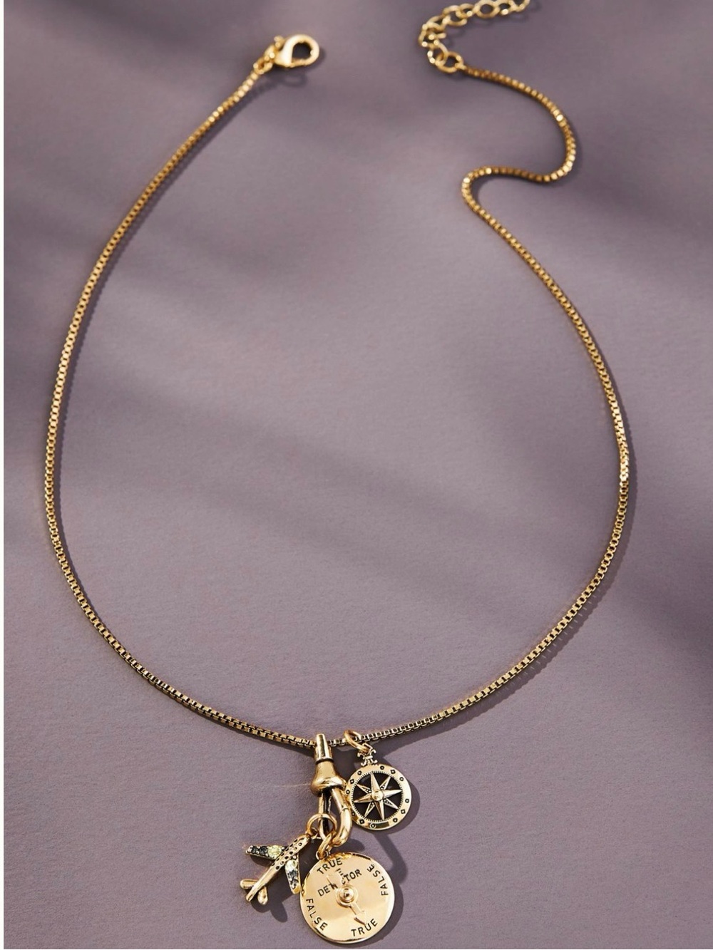 NWT Anthropologie Travel Charm Necklace Gold Airplane Compass Jewelry Retro